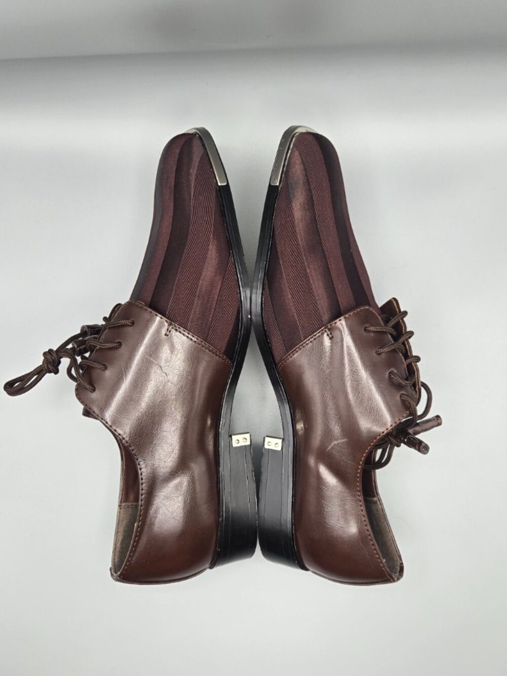 Hugo Vitelli Men's Brown Striped Dress Shoes Size 11 Square Toe Metal Tip Oxford - Picture 8 of 15